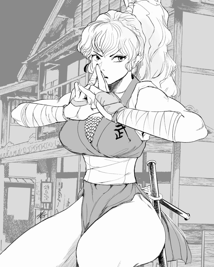 1girl, bandaged_arm, bandages, breasts, cowboy_shot, final_fight, fishnets, genryuusai_maki