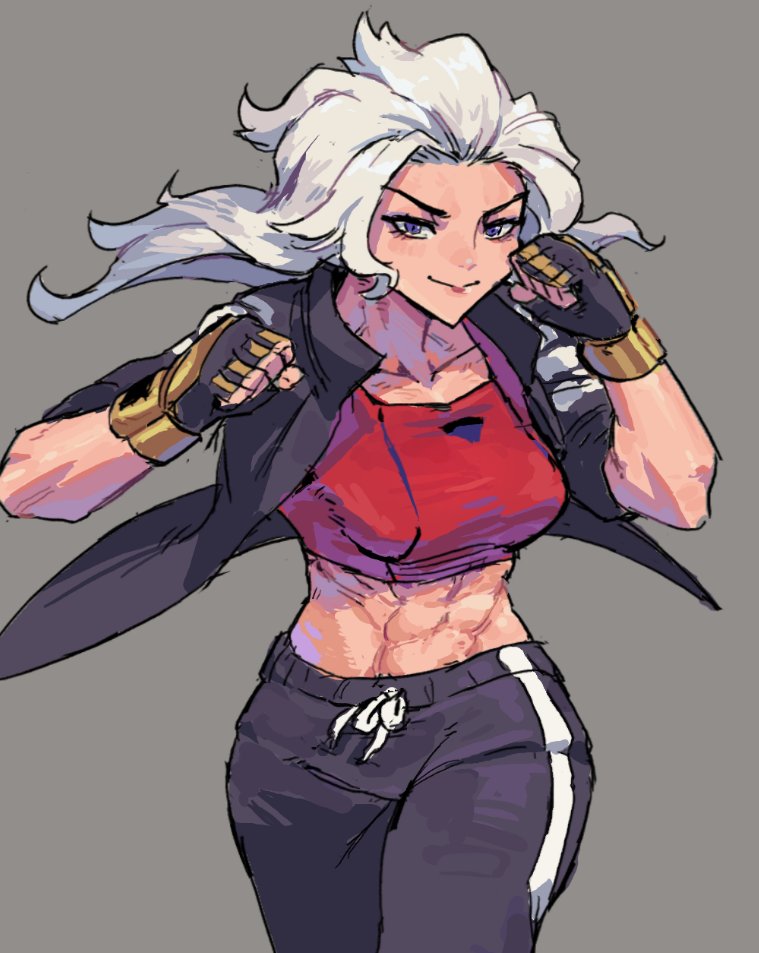 1girl, abs, black_jacket, black_track_suit, fingerless_gloves, gloves, jacket, kunio-kun_series, marian_kelly, midriff, muscular, nycnouu, red_sports_bra, river_city_girls, sketch, sports_bra, tamge, white_hair