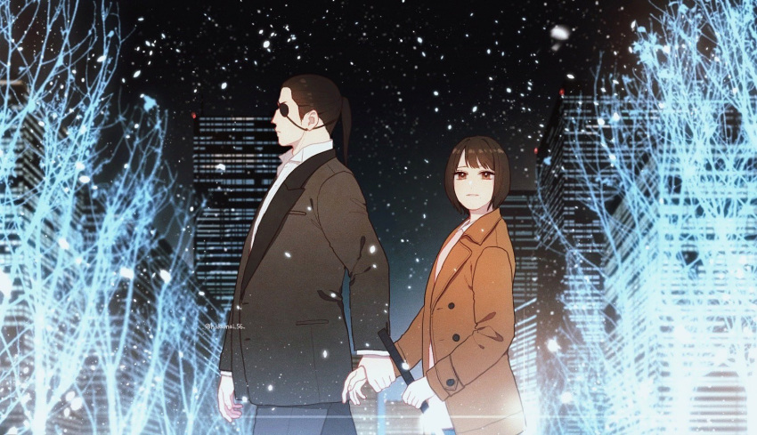 1boy, 1girl, black_hair, black_jacket, black_pants, brown_eyes, brown_jacket, cane