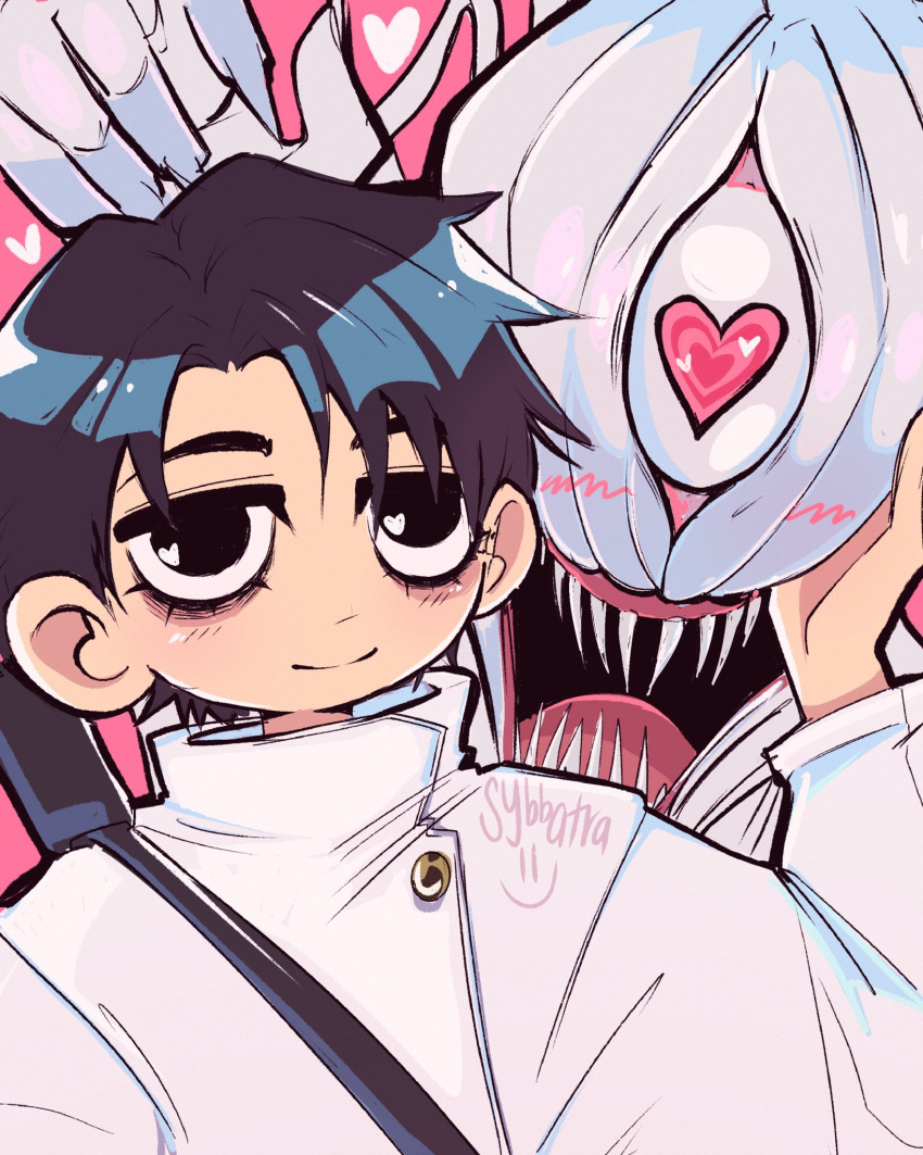 1boy, black_eyes, black_hair, closed_mouth, hand_up, heart, heart-shaped_pupils, highres