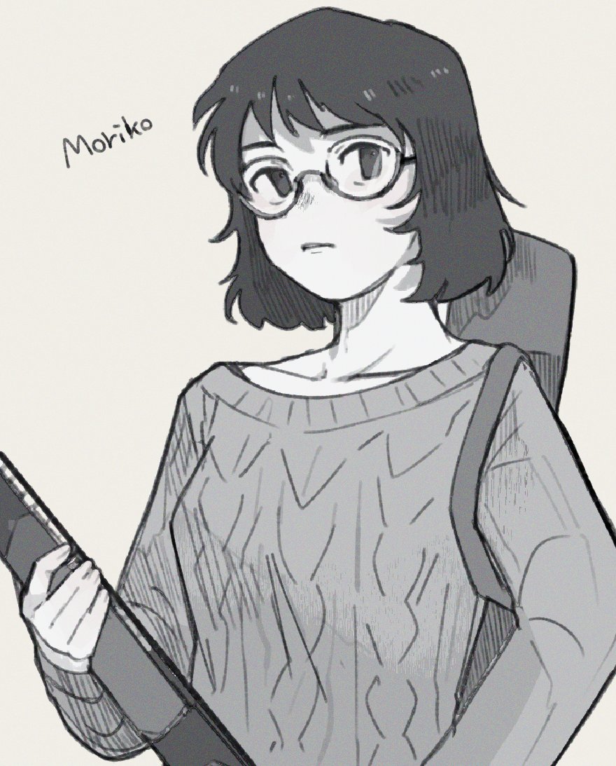 1girl, character_name, closed_mouth, cropped_torso, glasses, greyscale, greyscale_with_colored_background, gun