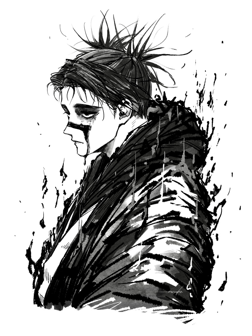 1boy, 28cg, absurdres, choso_(jujutsu_kaisen), closed_mouth, facial_tattoo, greyscale, highres, jujutsu_kaisen, male_focus, monochrome, profile, robe, scarf, short_hair, simple_background, solo, tattoo, upper_body