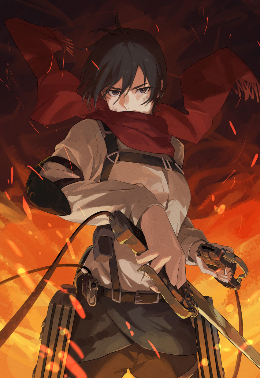 1girl, absurdres, belt, black_hair, brown_eyes, covered_mouth, darao_(daradara_suyaaa), embers, foreshortening, hair_between_eyes, highres, long_sleeves, mikasa_ackerman, pants, red_scarf, scarf, shingeki_no_kyojin, shirt, short_hair, solo, sword, three-dimensional_maneuver_gear, weapon, white_shirt