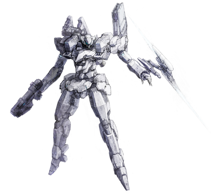 armored_core, armored_core_6, blue_eyes, full_body, gun, handgun, highres, holding
