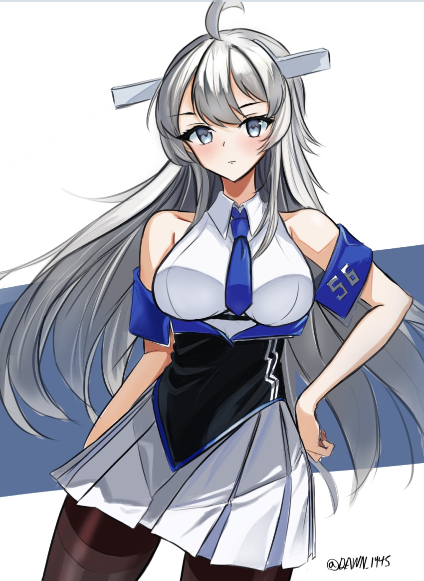 1girl, ahoge, bare_shoulders, black_pantyhose, blue_necktie, breasts, contrapposto, cowboy_shot