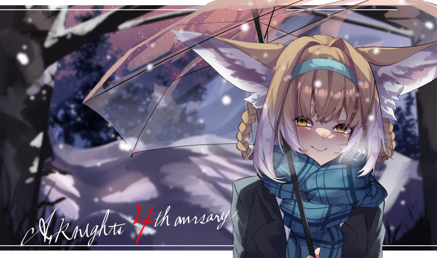 1girl, 80illu, absurdres, alternate_costume, animal_ears, arknights, blonde_hair, blue_hairband