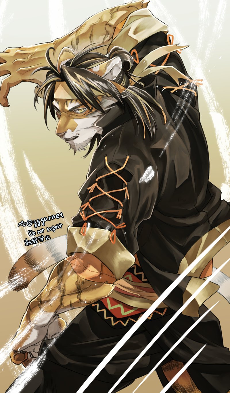 1boy, animal_ears, arknights, black_pants, black_shirt, chinese_clothes, claw_pose, claws