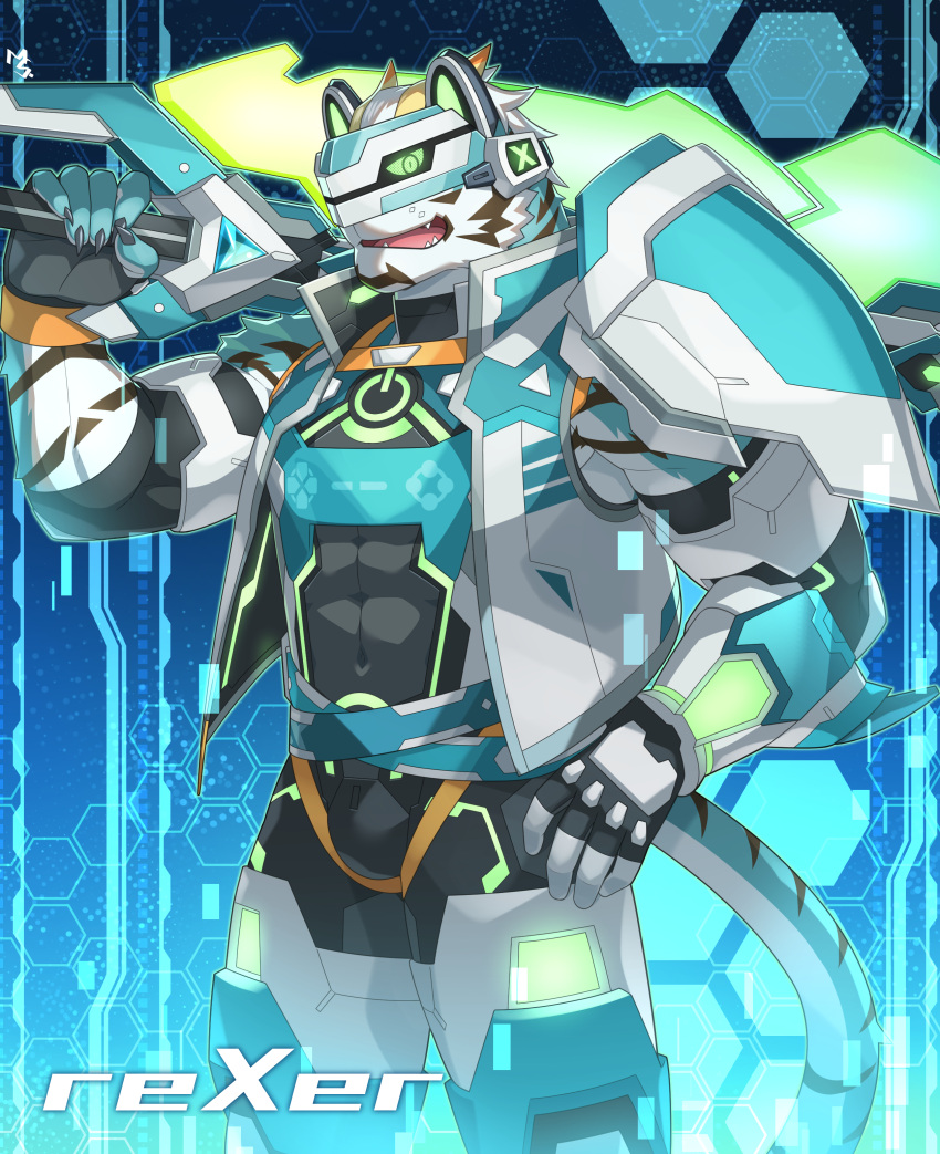 1boy, absurdres, animal_ears, armor, character_name, claws, commentary_request, fangs, fingerless_gloves, furry, furry_male, gloves, hand_on_own_hip, highres, holding, holding_sword, holding_weapon, live_a_hero, looking_at_viewer, male_focus, mask, musou_luf, open_mouth, over_shoulder, pauldrons, rexer_(live_a_hero), shoulder_armor, single_fingerless_glove, single_pauldron, sword, sword_over_shoulder, tail, tiger_boy, tiger_ears, tiger_stripes, tiger_tail, weapon, weapon_over_shoulder