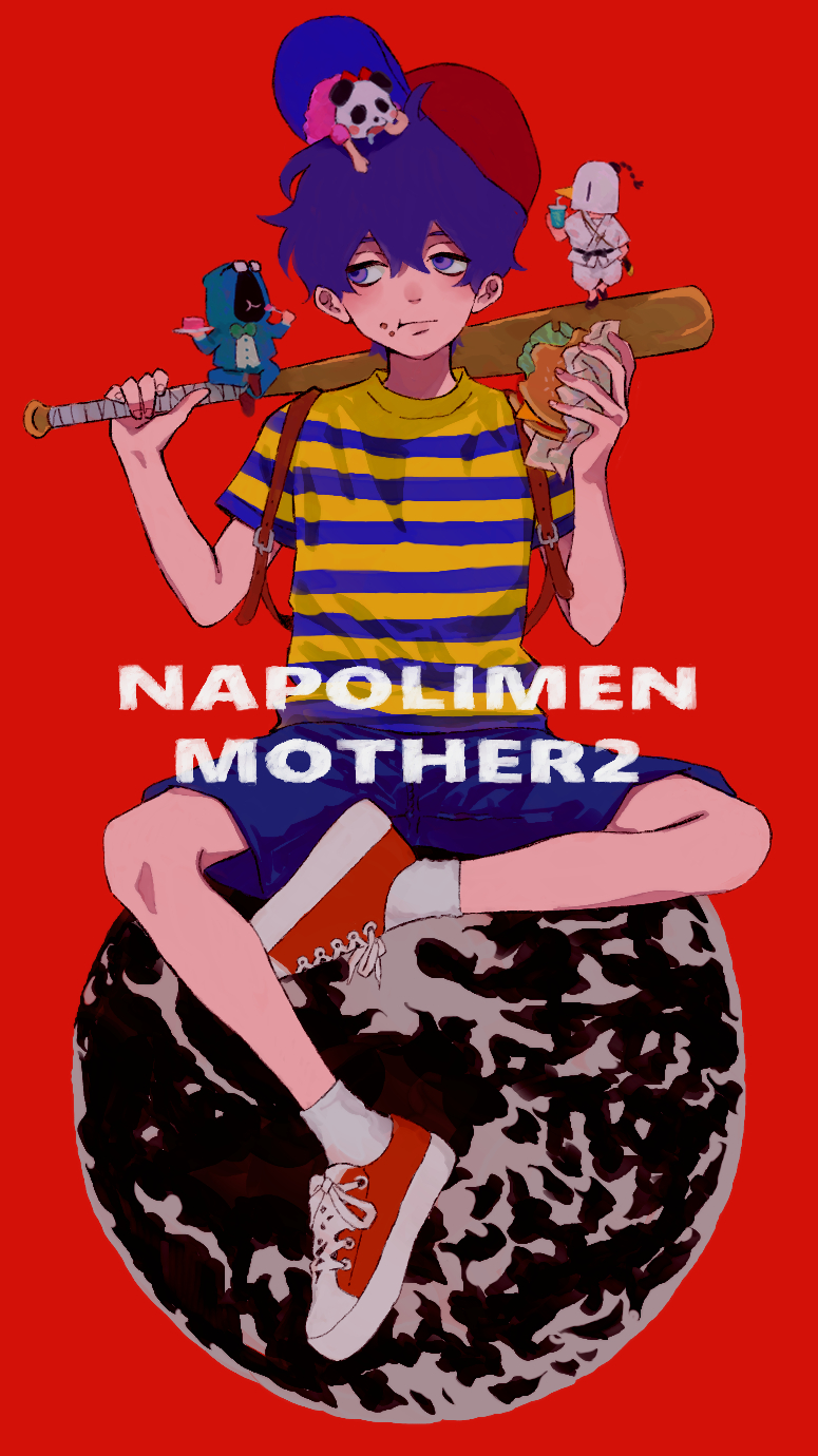 4boys, baseball_bat, baseball_cap, bird_mask, blue_hoodie, blue_shorts, braid, burger