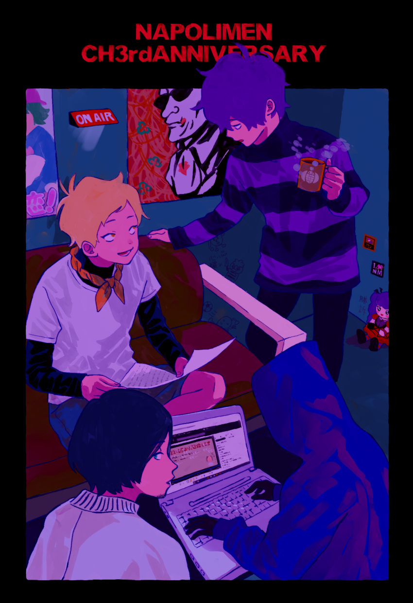 4boys, amano_yae, anniversary, at_computer, bandana, bandana_around_neck, black_border, black_hair
