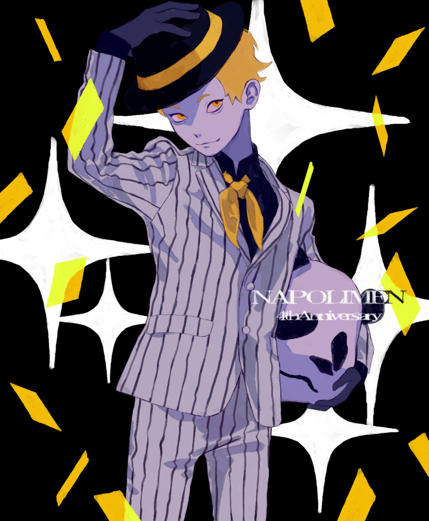 1boy, aegyo_sal, anniversary, arm_up, black_background, black_gloves, black_shirt, blonde_hair