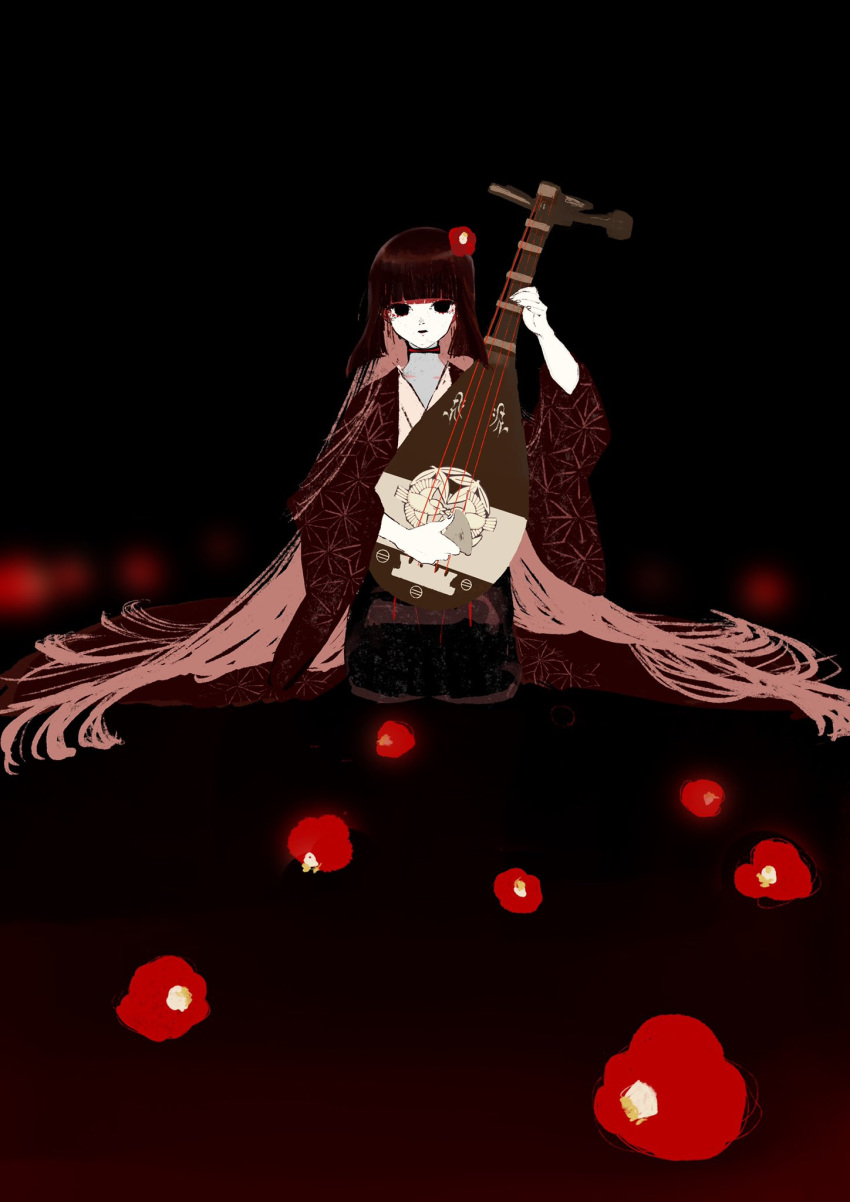 1girl, asa_no_ha_(pattern), bachi, biwa_lute, black_background, black_eyes, black_hair, black_kimono