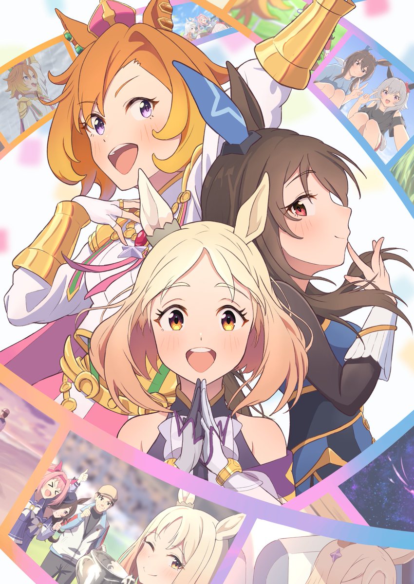 >_<, 1boy, 6+girls, ;), admire_vega_(umamusume), akanekai, animal_ears, bare_shoulders