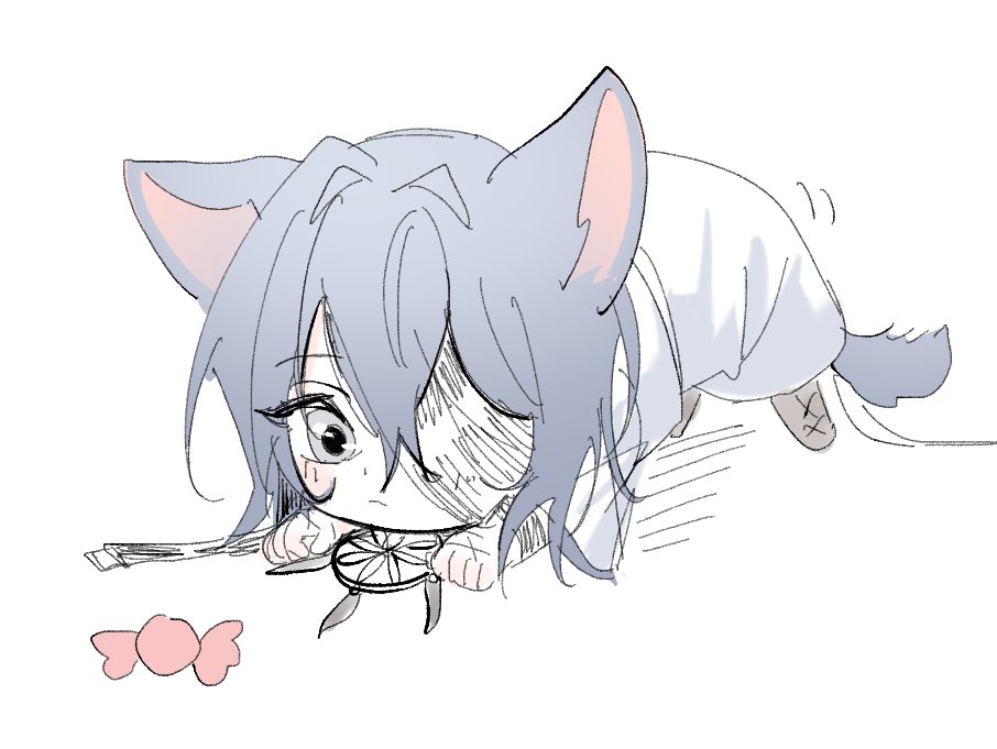 animal_ears, bandage_over_one_eye, bandages, candy, cat, cat_ears, cat_tail, dream_catcher, eoltto, food, grey_eyes, grey_hair, hecate_(path_to_nowhere), path_to_nowhere, tail, white_background