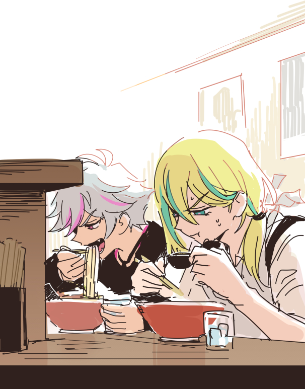 2boys, blonde_hair, blue_eyes, blue_hair, bowl, chopsticks, counter, cup