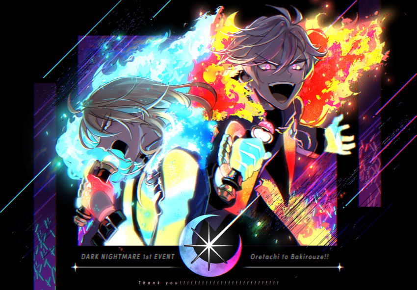 2boys, :d, backlighting, black_jacket, blonde_hair, blue_fire, blue_hair, commentary_request