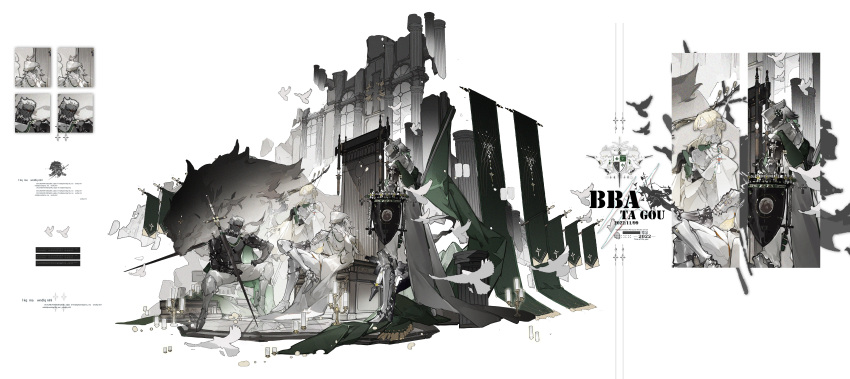 1girl, 3boys, a9219669, absurdres, bandages, bandages_over_eyes, banner, bird