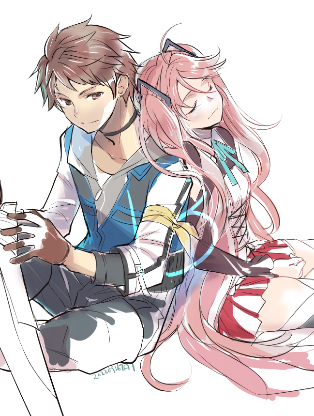 1boy, 1girl, :3, aqua_ribbon, blue_vest, brown_eyes, brown_gloves, brown_hair