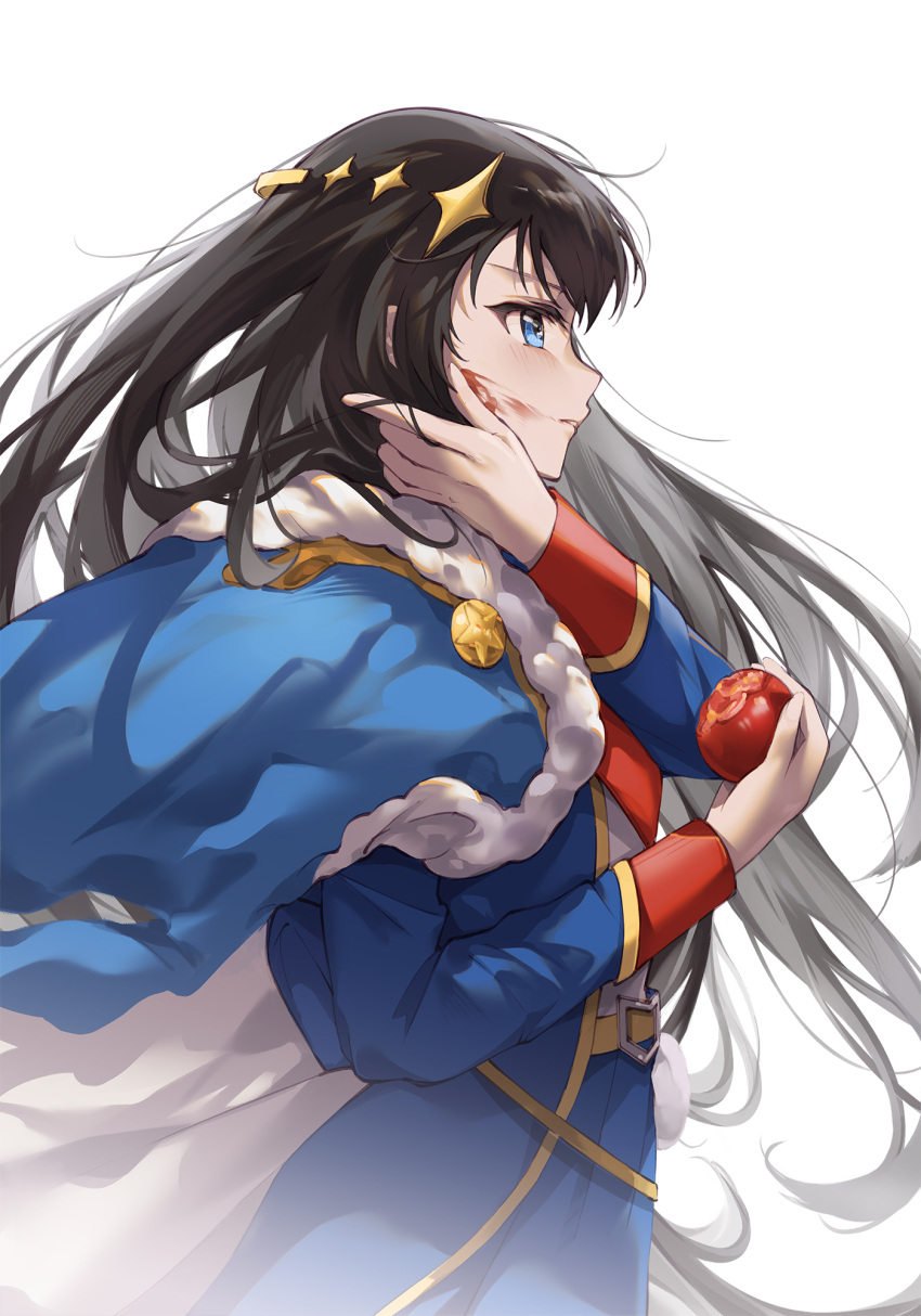 1girl, belt, belt_buckle, black_hair, blue_eyes, blue_jacket, blue_skirt, buckle