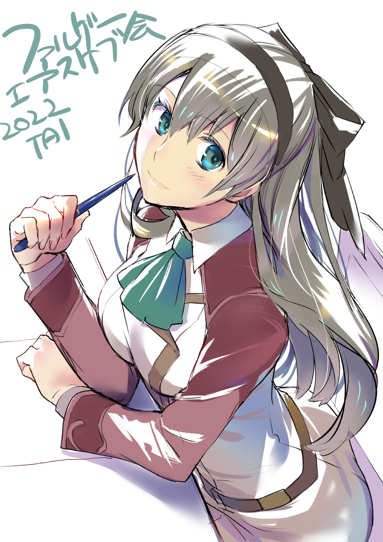 1girl, 2022, aqua_ascot, aqua_eyes, artist_name, belt, black_hairband, brown_belt