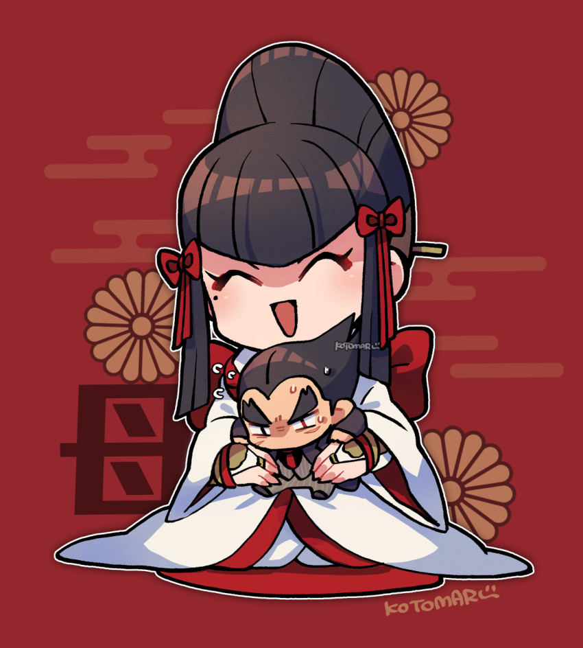 1boy, 1girl, black_coat, blunt_bangs, bow, bridal_gauntlets, coat, egasumi