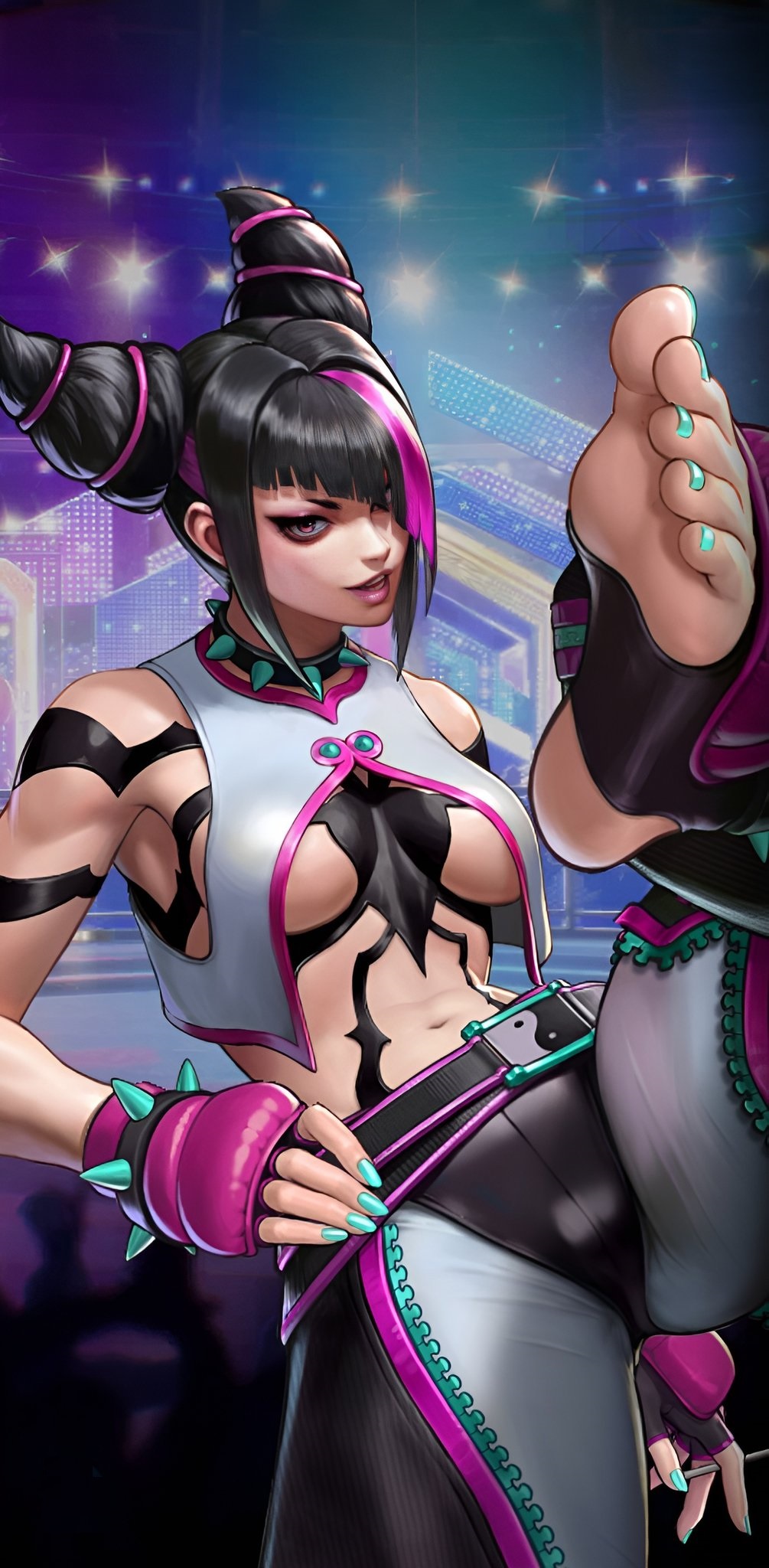 barefoot, belt, bracelet, gauntlets, hair_over_one_eye, han_juri, highres, impossible_hair