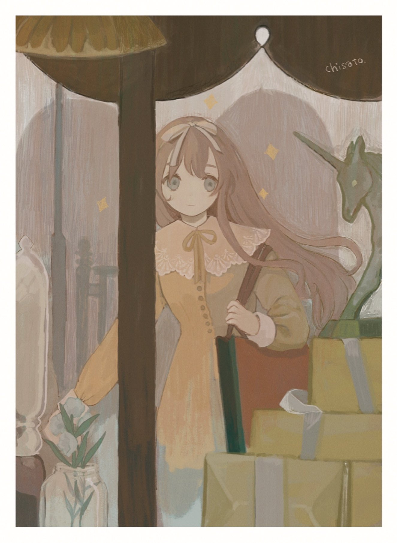 1girl, artist_name, bag, border, bow, brown_hair, chisato_charme, closed_mouth