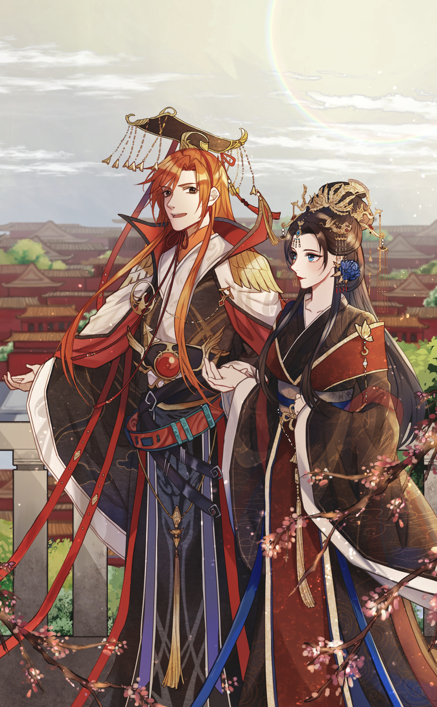 1boy, 1girl, :d, absurdres, alternate_costume, architecture, balcony, belt