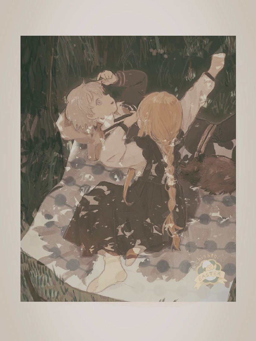 1boy, 1girl, arm_up, artist_name, black_dress, black_pants, black_sweater, blonde_hair