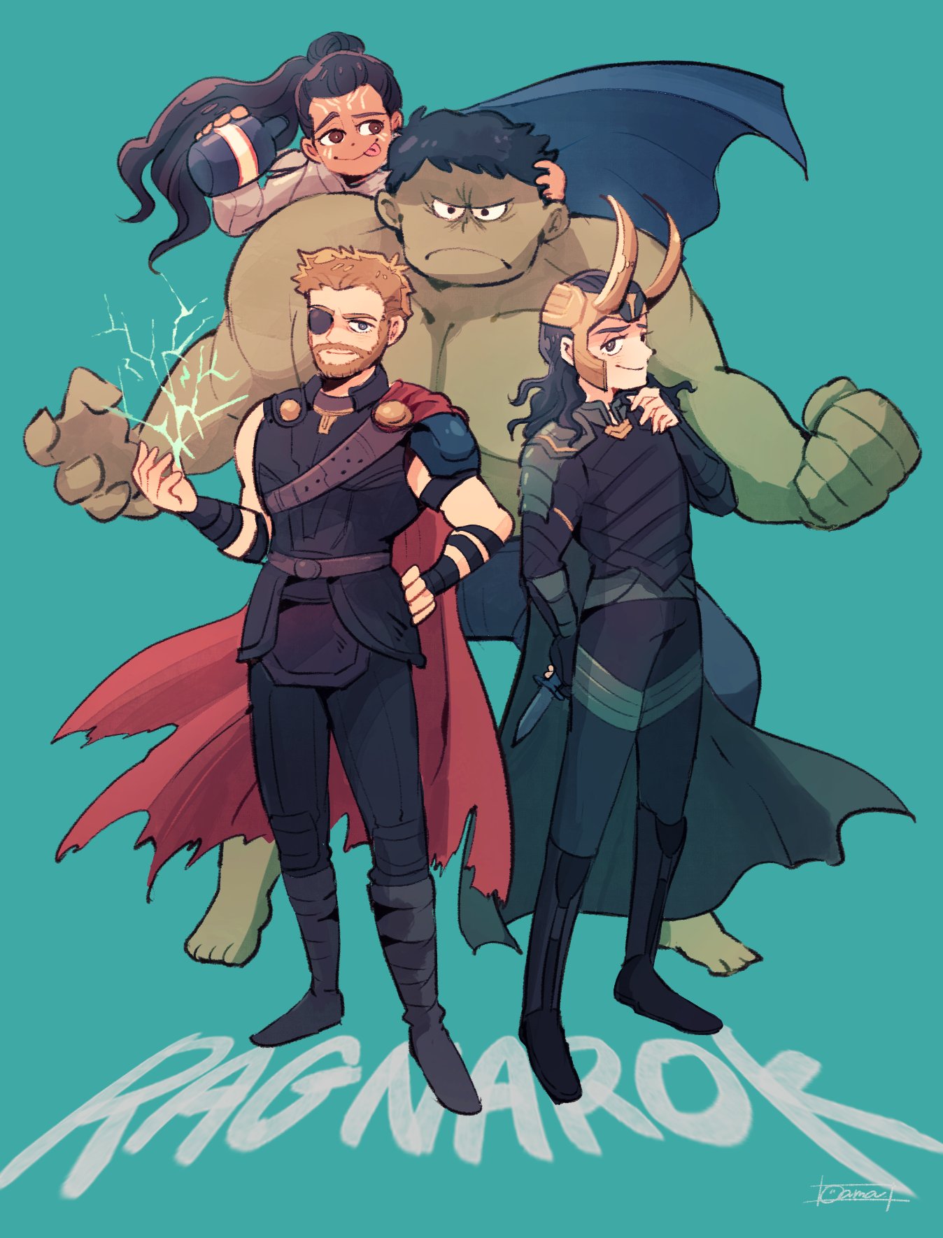 1girl, 3boys, amazou, animification, arm_up, armor, artist_name, beard