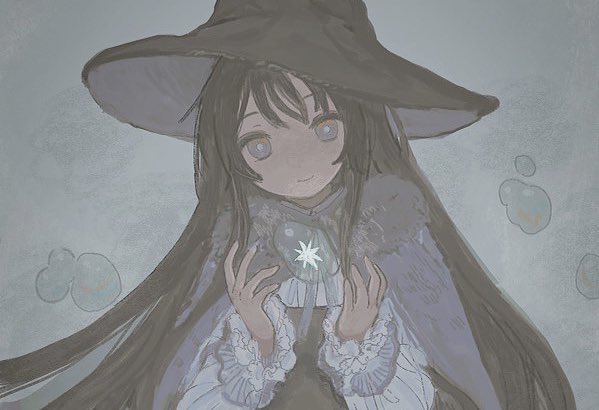 1girl, black_hair, black_headwear, cape, chisato_charme, closed_mouth, frilled_sleeves, frills