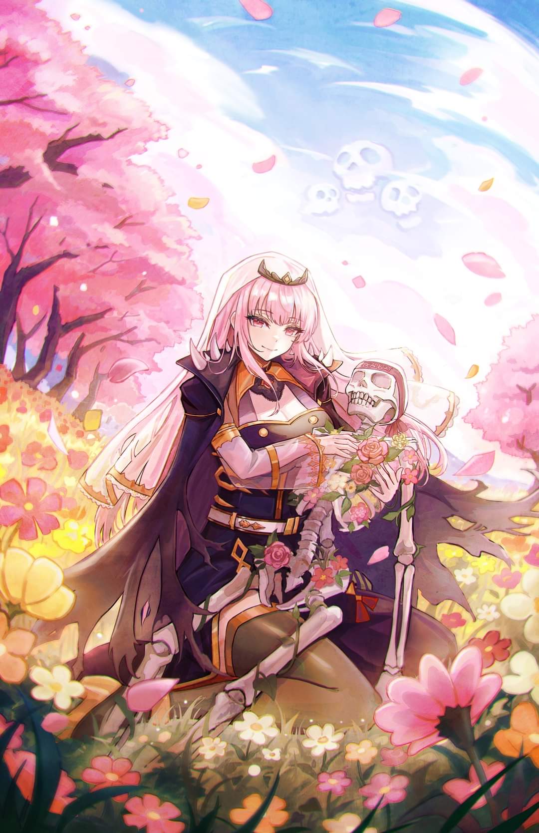bandana, black_dress, black_nails, black_tiara, blue_sky, cape, cherry_blossoms, deadbeat_(calliope_mori), detached_sleeves, dress, field, flower, flower_field, highres, hololive, hololive_english, mori_calliope, petals, pink_hair, plant, skull, sky, tiara, torn_cape, torn_clothes, tree, veil, vines