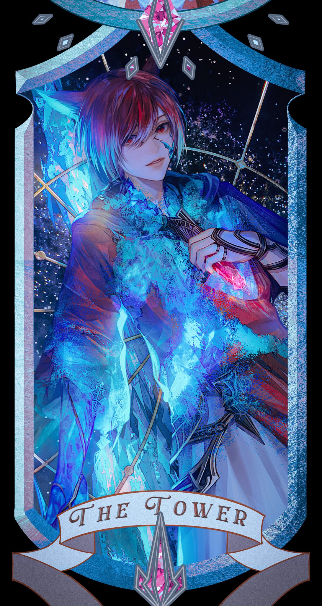 1boy, animal_ears, black_background, black_border, blue_hair, border, card_(medium), cat_ears