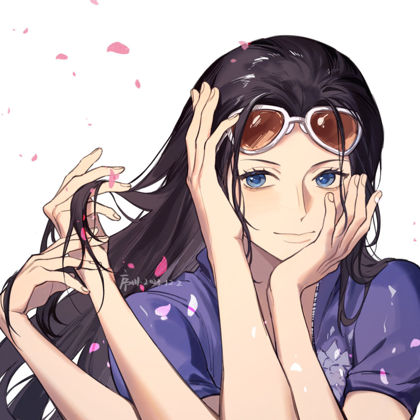 1girl, black_hair, blue_eyes, extra_arms, eyewear_on_head, facing_viewer, glasses, hair_slicked_back, hands_in_own_hair, hands_on_own_face, highres, jyukawa, nico_robin, one_piece, petals, pink_petals, portrait, purple_shirt, shirt, simple_background, solo, sunglasses, white_background