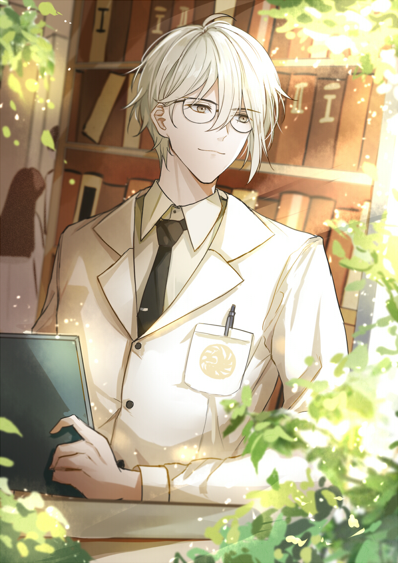 1boy, aguaaaaaa, alternate_costume, bespectacled, black_necktie, bookshelf, breast_pocket, chinese_commentary