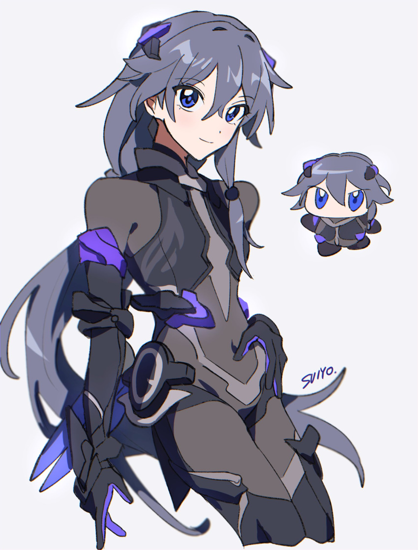 1girl, artist_name, belly, black_bodysuit, black_gloves, blue_eyes, blue_hair, bodysuit