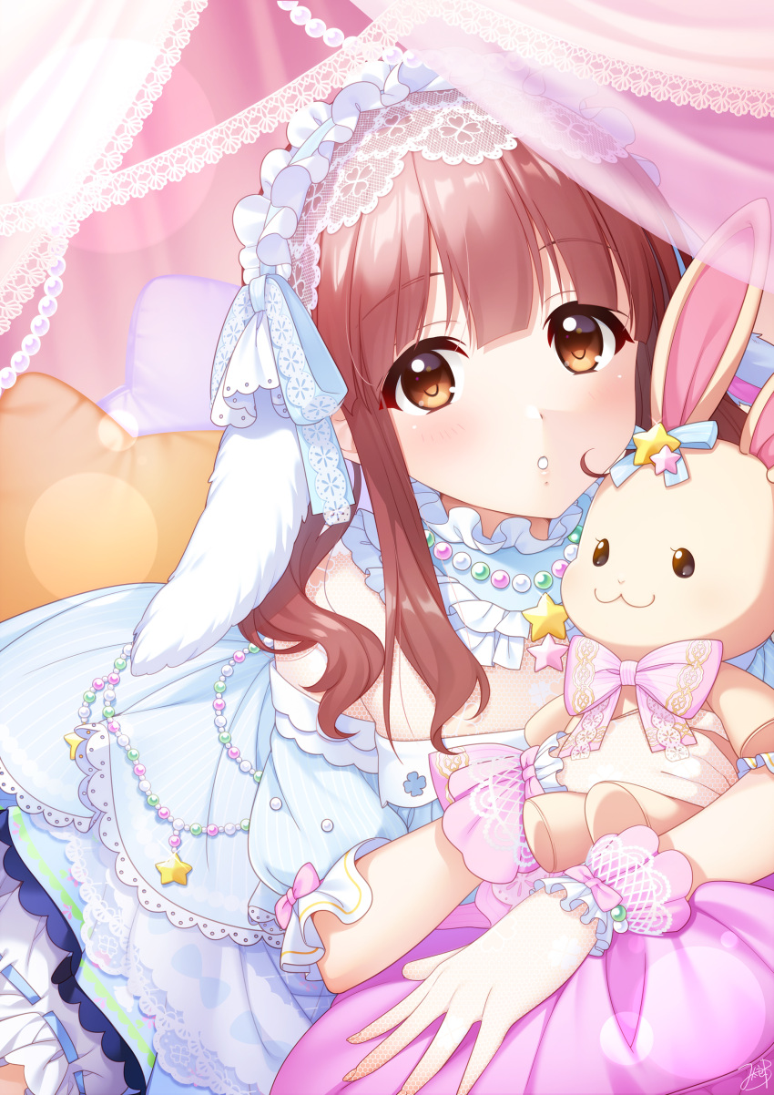 1girl, absurdres, bead_necklace, beads, blue_dress, blush, breasts, brown_eyes, brown_hair, cushion, dot_nose, dress, gloves, highres, holding, holding_stuffed_toy, idolmaster, idolmaster_cinderella_girls, idolmaster_cinderella_girls_starlight_stage, jewelry, lace, lace-trimmed_dress, lace_curtains, lace_gloves, lace_trim, lens_flare, lens_flare_abuse, long_hair, looking_at_viewer, mikapoe, necklace, ogata_chieri, open_mouth, parted_lips, pink_scrunchie, scrunchie, see-through, see-through_dress, short_sleeves, sidelocks, signature, small_breasts, solo, star_(symbol), stuffed_animal, stuffed_rabbit, stuffed_toy, twintails, white_headdress, wrist_scrunchie