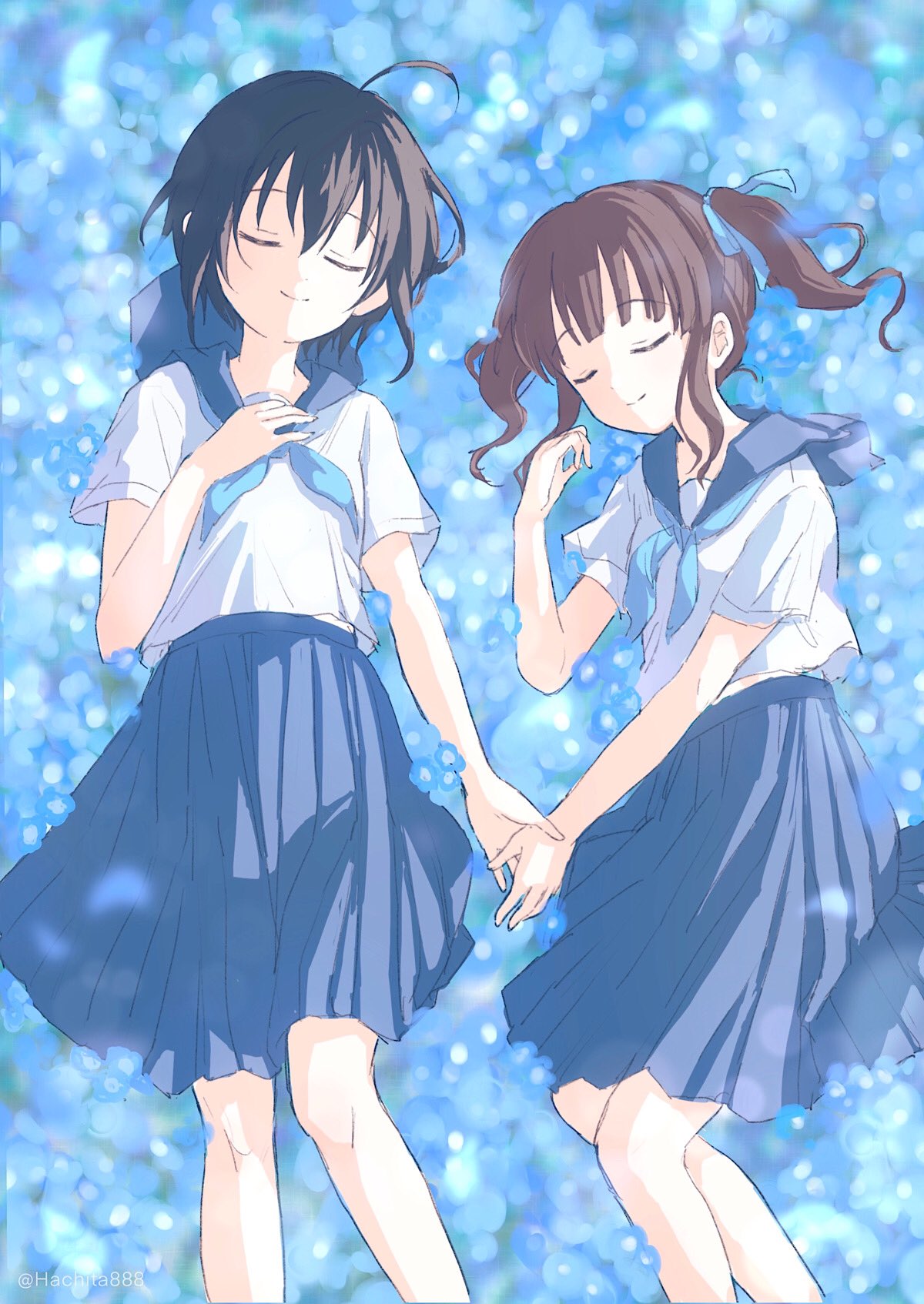 2girls, ahoge, black_hair, blue_background, blue_neckerchief, blue_ribbon, blue_sailor_collar, blue_skirt