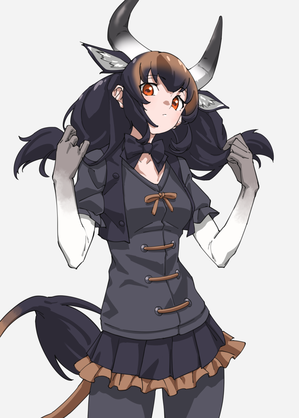1girl, animal_ears, banteng_(kemono_friends), black_bow, black_bowtie, black_hair, black_pantyhose, black_shirt