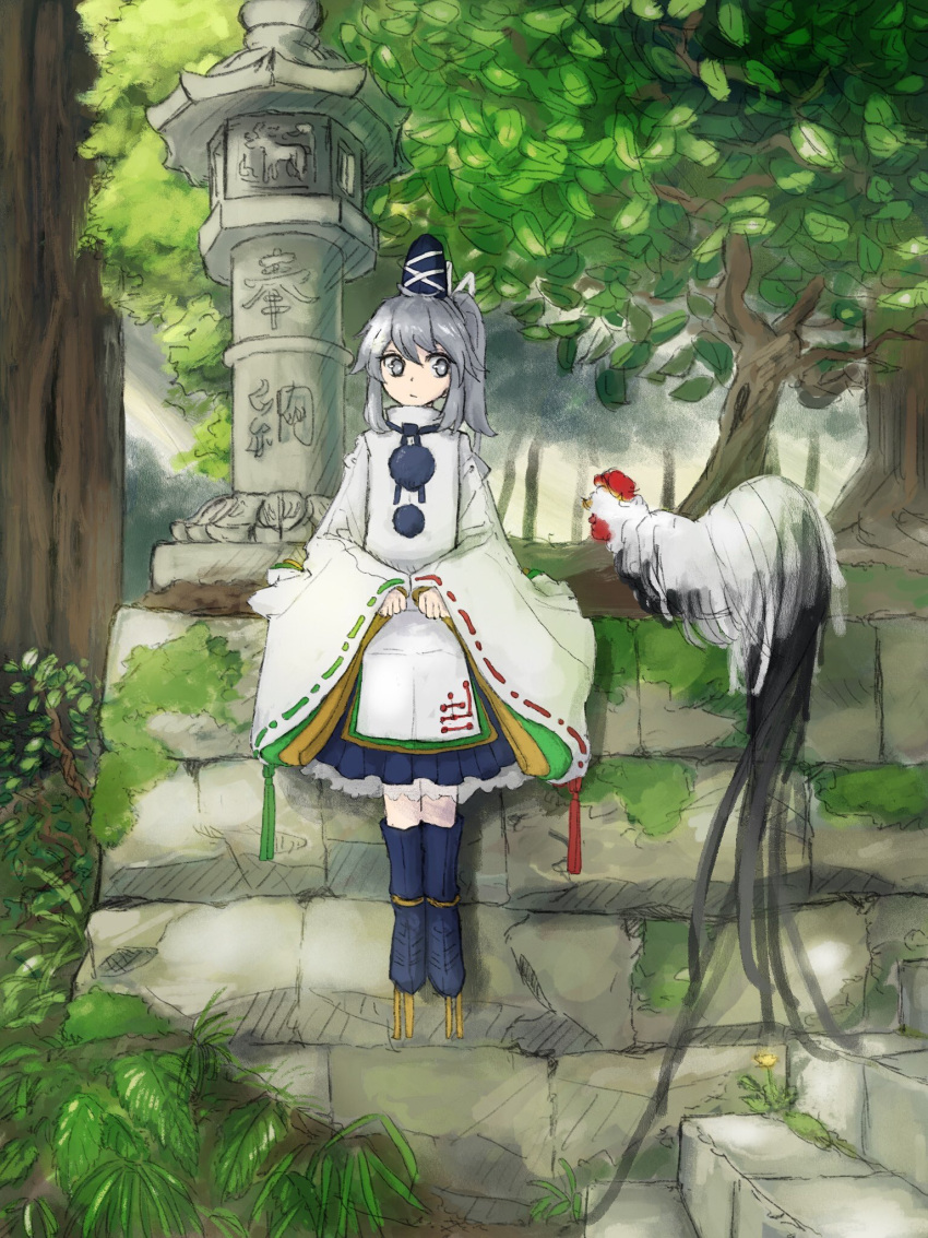 1girl, bird, blue_footwear, blue_skirt, chicken, frilled_skirt, frills, grey_eyes