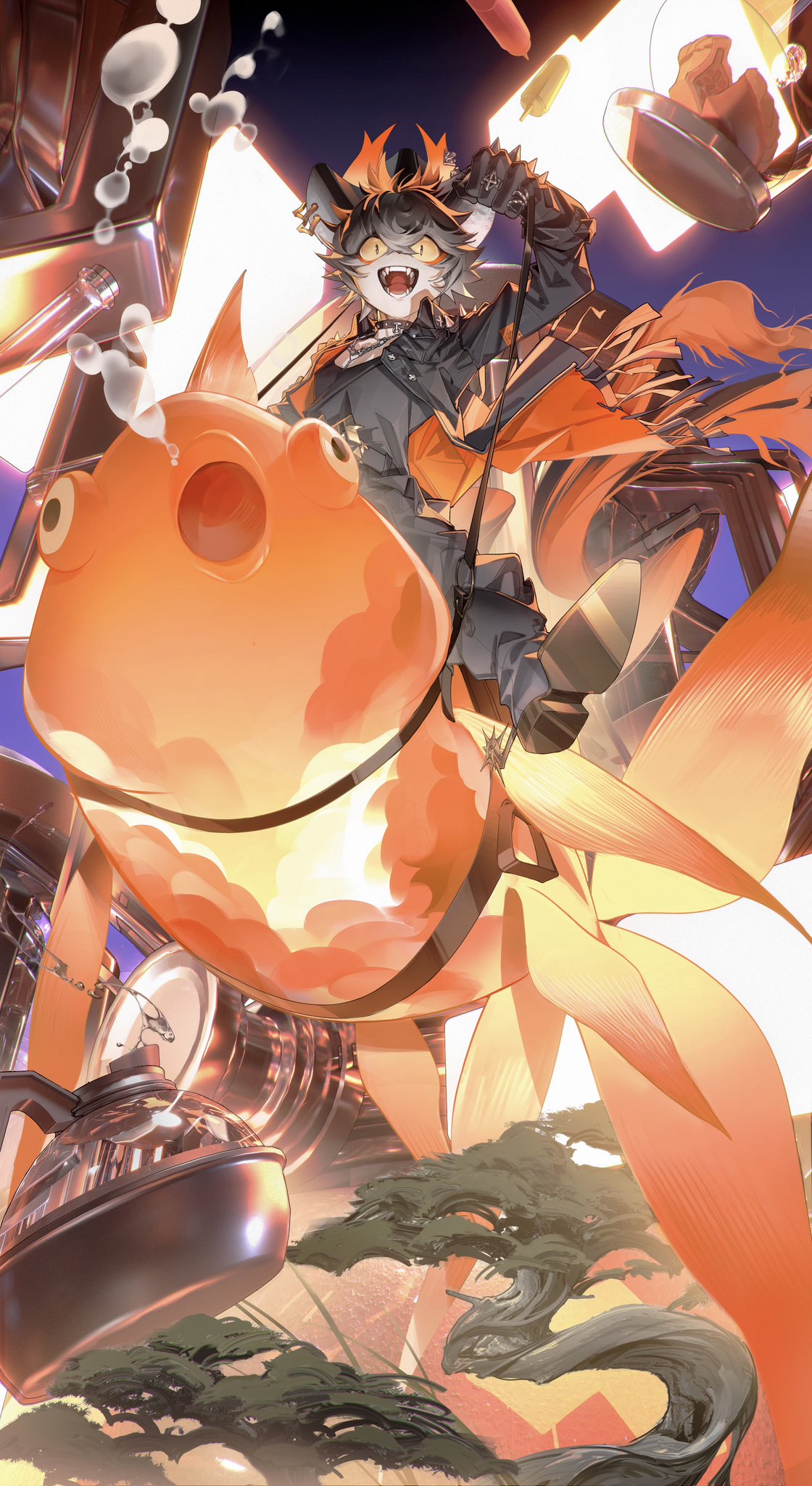 1boy, aak_(arknights), abstract_background, animal_ears, arknights, baizelangtai_(hallyswift), bonsai, boots