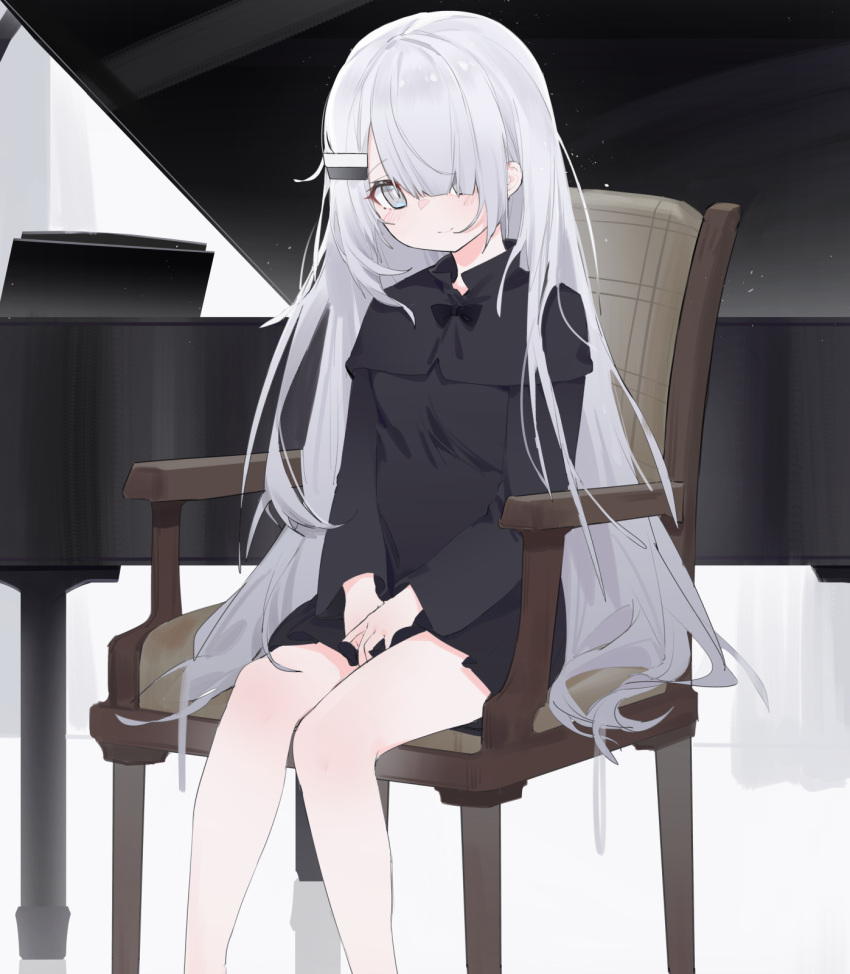 1girl, black_dress, desk, dress, grey_hair, hair_ornament, hair_over_one_eye, hairclip