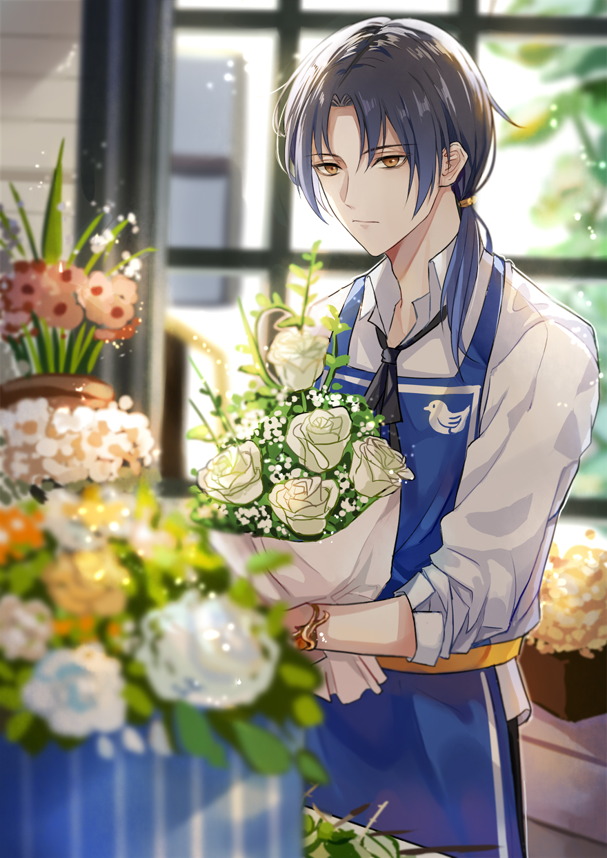 1boy, aguaaaaaa, alternate_costume, alternate_hair_length, alternate_hairstyle, apron, baby's-breath, black_hair