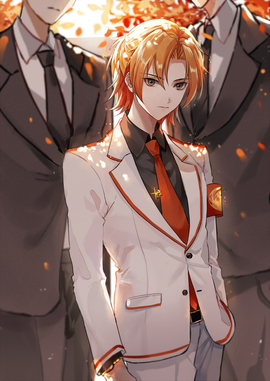 3boys, aguaaaaaa, alternate_costume, alternate_hair_length, alternate_hairstyle, armband, autumn_leaves, belt