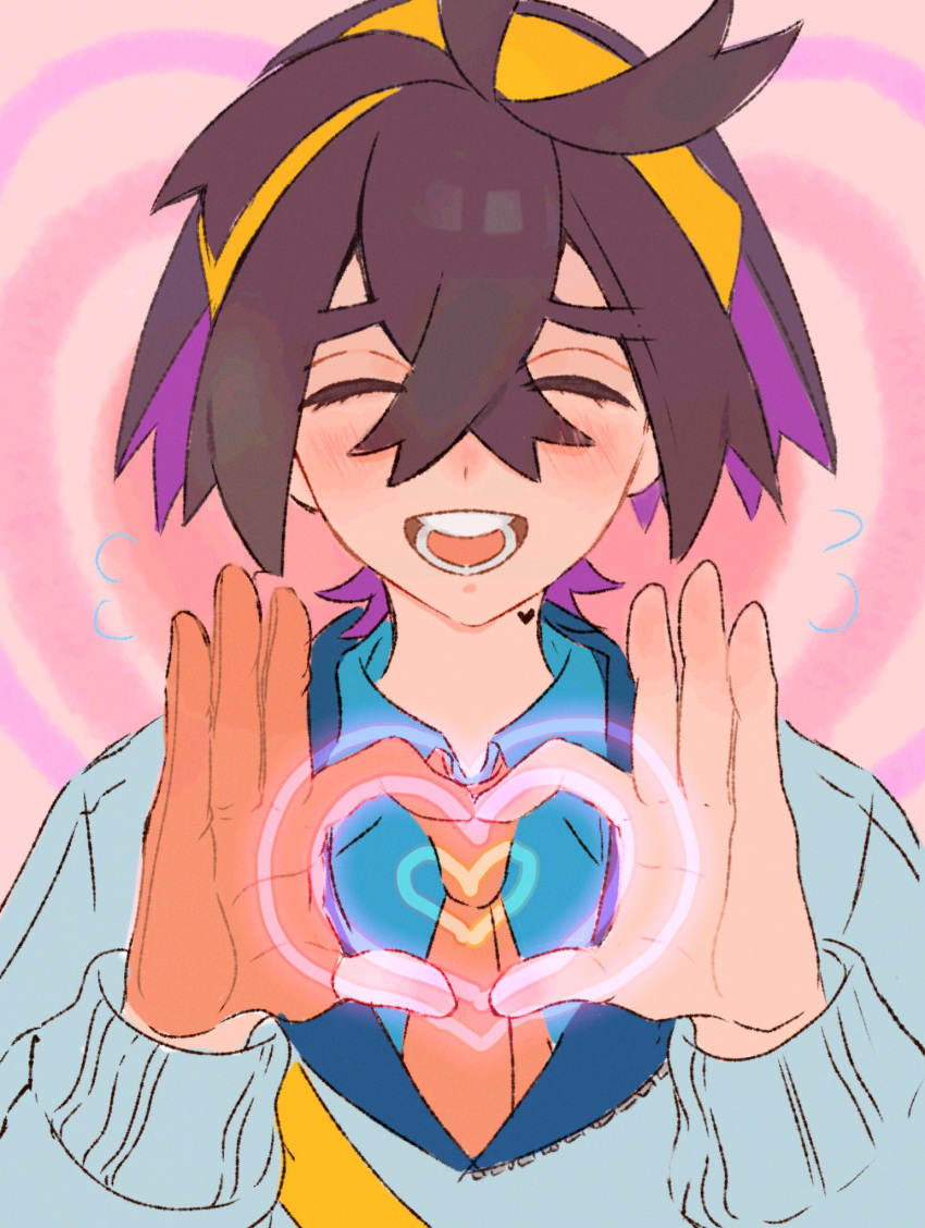 1boy, :d, blue_shirt, blush, brown_hair, closed_eyes, collared_shirt, colored_inner_hair