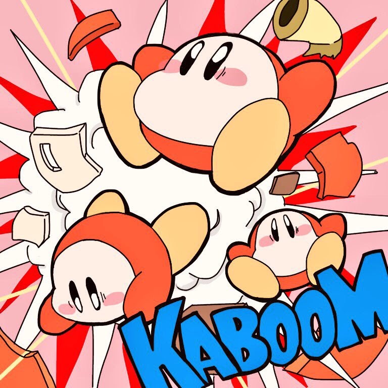 arms_up, blush, blush_stickers, commentary_request, debris, explosion, kirby_(series), looking_at_viewer