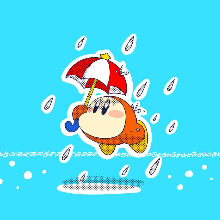 arm_up, blue_background, blush, blush_stickers, commentary_request, floating, holding, holding_umbrella