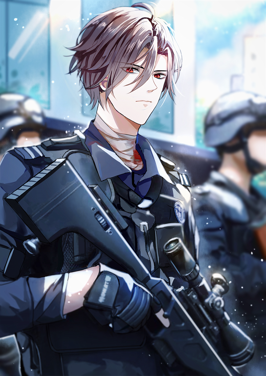 3boys, aguaaaaaa, alternate_costume, alternate_hair_length, alternate_hairstyle, assault_rifle, bandaged_neck, bandages