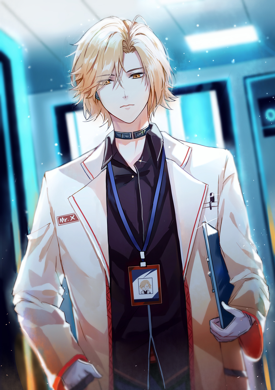1boy, aguaaaaaa, alternate_costume, alternate_hair_length, alternate_hairstyle, black_shirt, blonde_hair, blurry