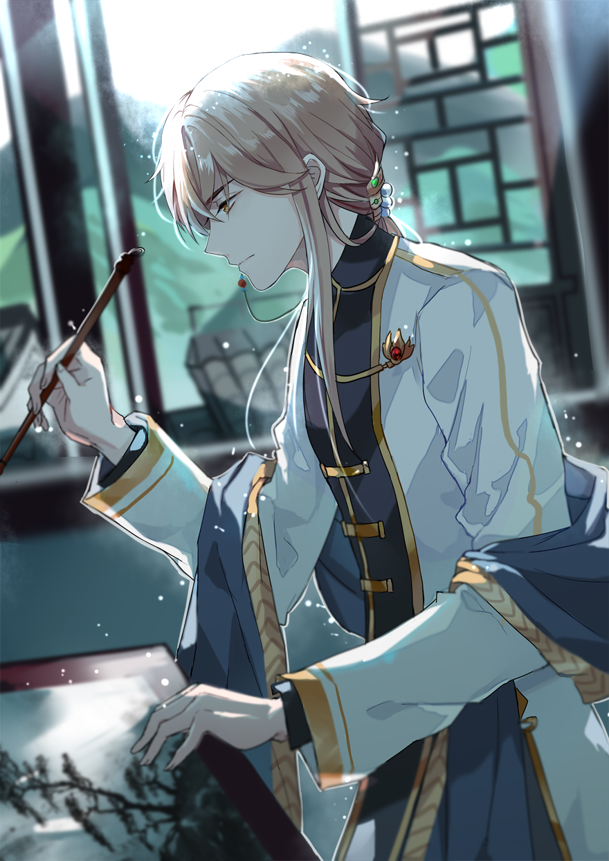 1boy, aguaaaaaa, alternate_costume, alternate_hairstyle, black_robe, blue_shawl, blurry, blurry_background